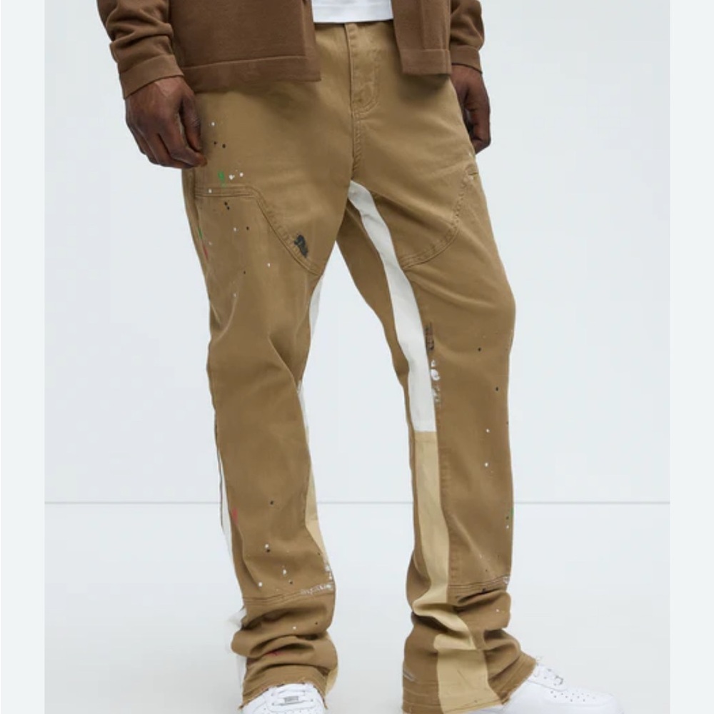 NovaMen Both Ways Tan Paint-Splattered Slim Stacked Flare Pants